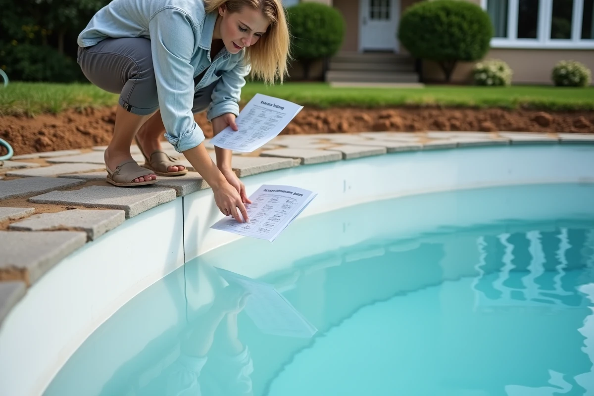 Propriétaire constatant une fissure sur la paroi intérieure d'une piscine coque nouvellement installée dans son jardin