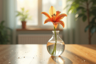 Fleur en forme de L dans un vase sur une table en bois clair