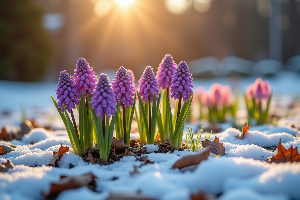 Massif de fleurs en hiver avec jonquilles et crocus en dégel
