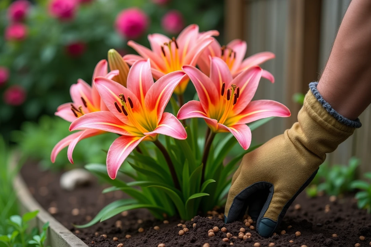 Gros plan sur des lys en fleurs roses et oranges avec apport d'engrais au pied de la plante au jardin