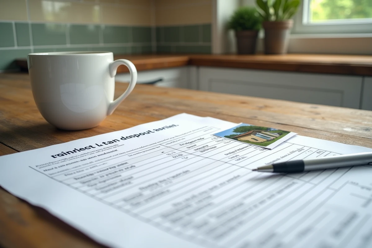 Formulaire de déclaration fiscale pour un abri de jardin posé sur une table en bois avec des notes manuscrites