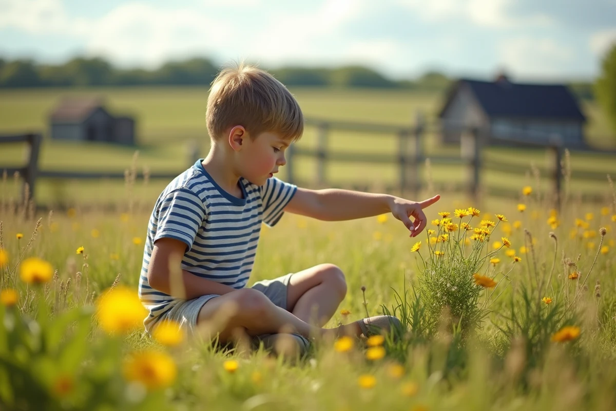 Jeune garçon observe des fleurs dans une prairie ensoleillee