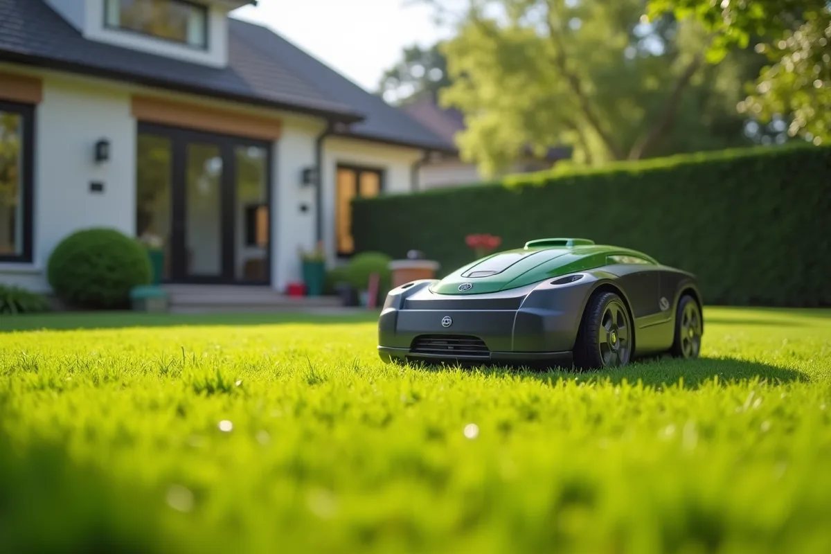 Robot tondeuse Parkside en promotion chez Lidl dans un jardin verdoyant