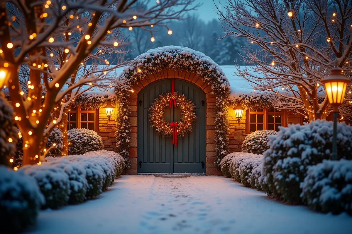 Jardin décoré pour Noël avec guirlandes lumineuses et couronnes de sapin