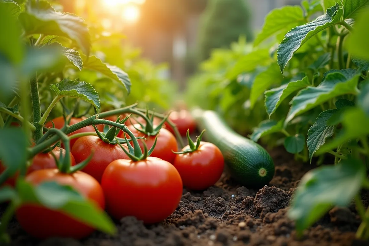 Tomates et courgettes cultivées ensemble dans un potager verdoyant