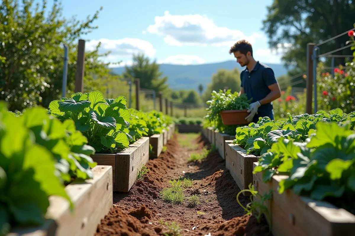 Bacs potagers surélevés dans un jardin productif et bien aménagé