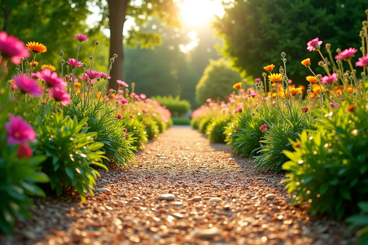 Chemin de jardin en copeaux de bois et écorce décorative