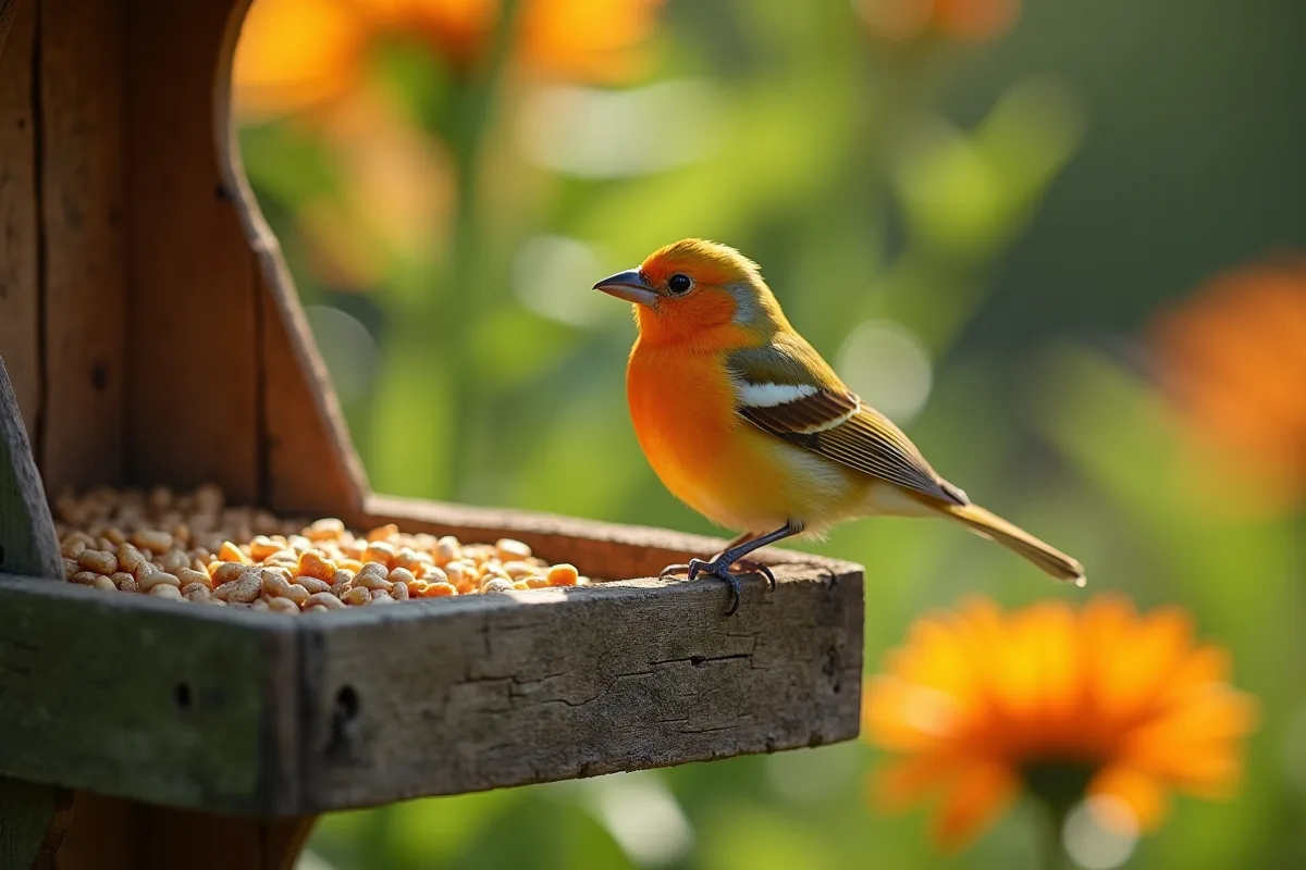 Chardonneret élégant se nourrissant dans un jardin fleuri