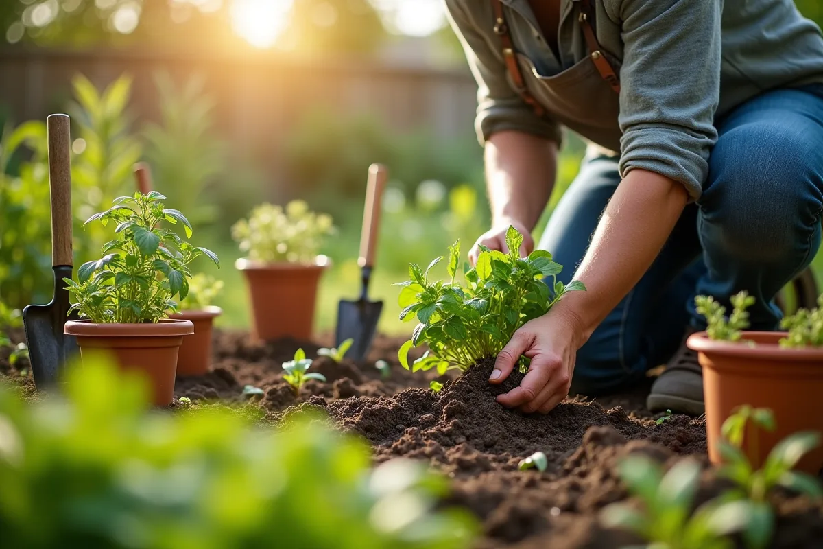 Carré de terre avec plantes aromatiques dans un jardin verdoyant