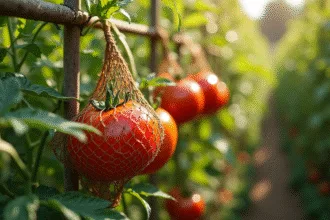 Tomates protégées par un filet pour éloigner les animaux du jardin