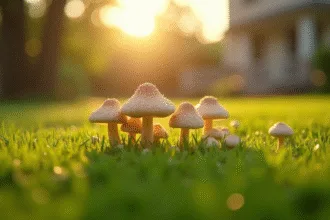 Taches circulaires brunes sur une pelouse affectée par des champignons
