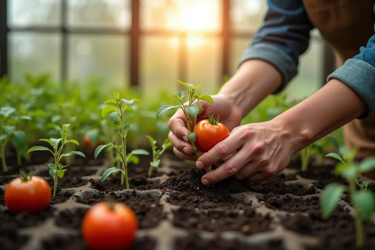 Semis de tomates dans un potager français ensoleillé