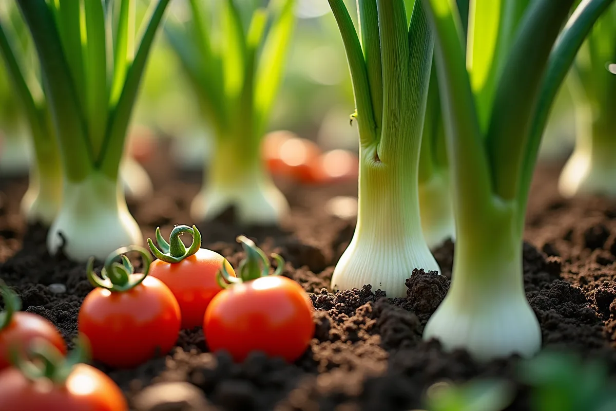 Poireaux avec des feuilles pâles et tiges faibles au potager