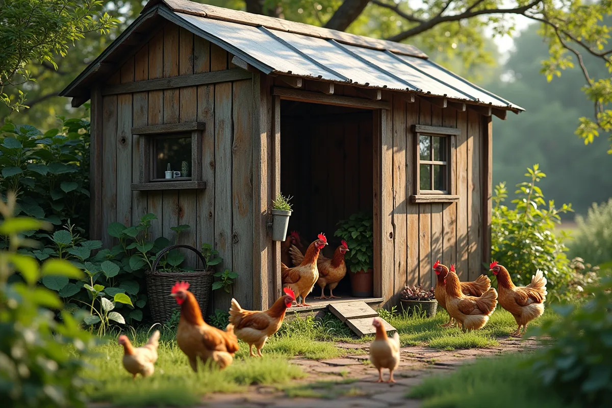 Poulailler en matériaux écologiques dans un jardin verdoyant
