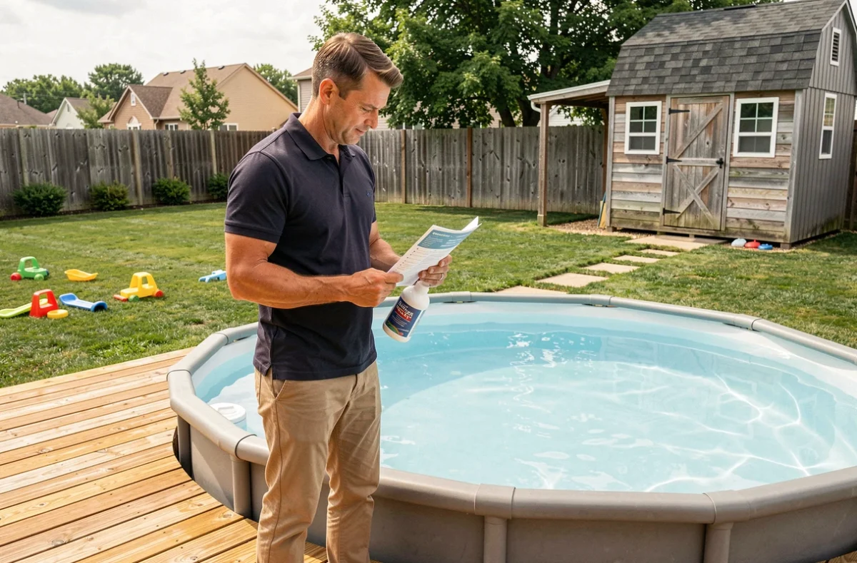 Homme consultant un tableau de dosage des produits chimiques pour piscine hors-sol familiale dans un jardin résidentiel