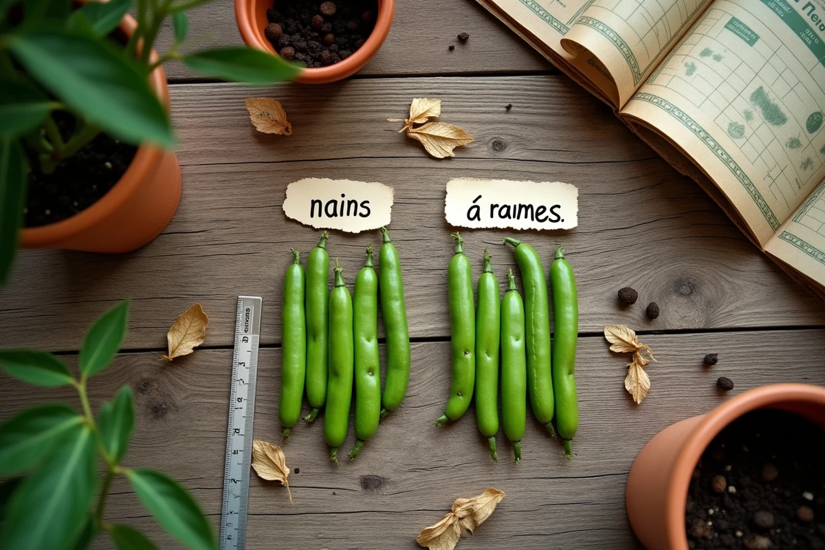 Comparaison de graines de haricots verts nains et à rames posées sur une table en bois avec un calendrier de semis