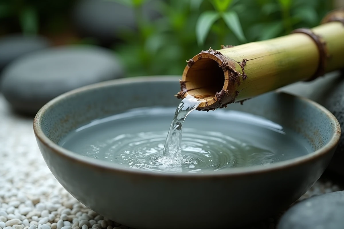 Gros plan sur un écoulement d'eau depuis un bambou vers un bol en céramique dans un jardin zen minimaliste