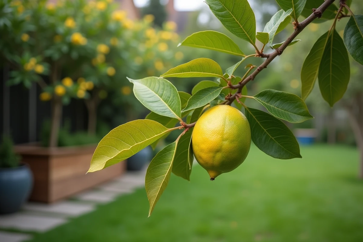 Gros plan sur des feuilles jaunes et vertes d'un citronnier avec un citron non mûr dans un jardin résidentiel