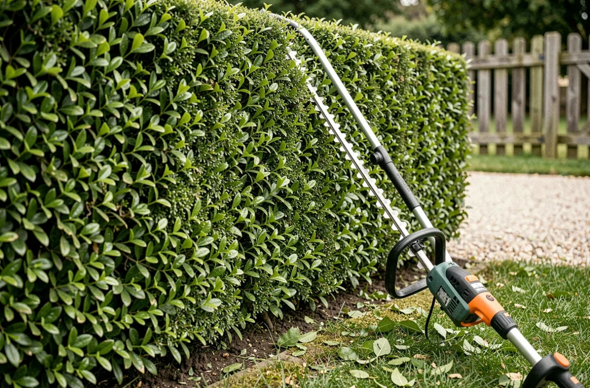 Gros plan sur une haie de troène fraîchement taillée avec un outil de jardinage posé contre la végétation