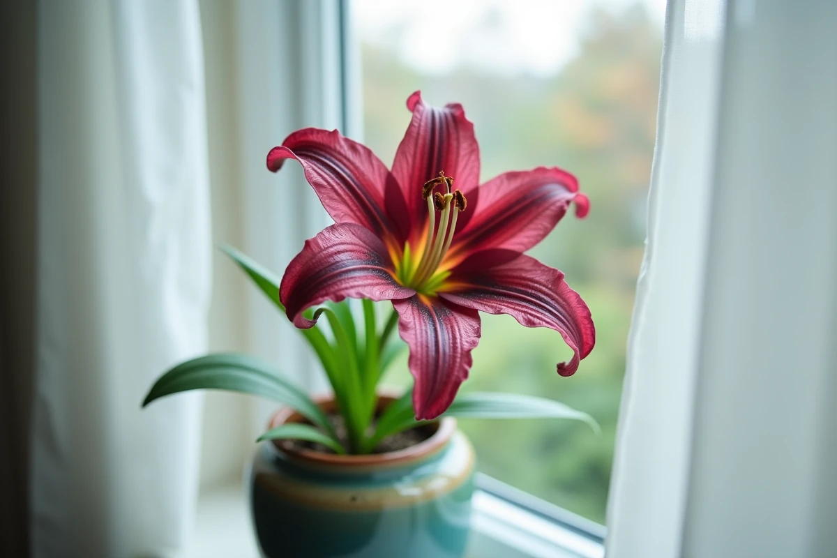 Gros plan d'un lys oriental en fleur dans un pot en céramique posé sur un rebord de fenêtre avec lumière naturelle filtrée