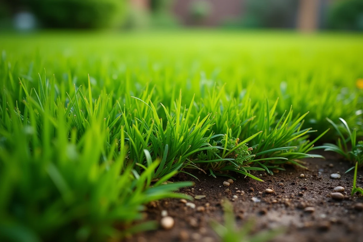 Gros plan sur des mauvaises herbes à larges feuilles dans une pelouse après application d'un désherbant sélectif, avec des gouttelettes visibles
