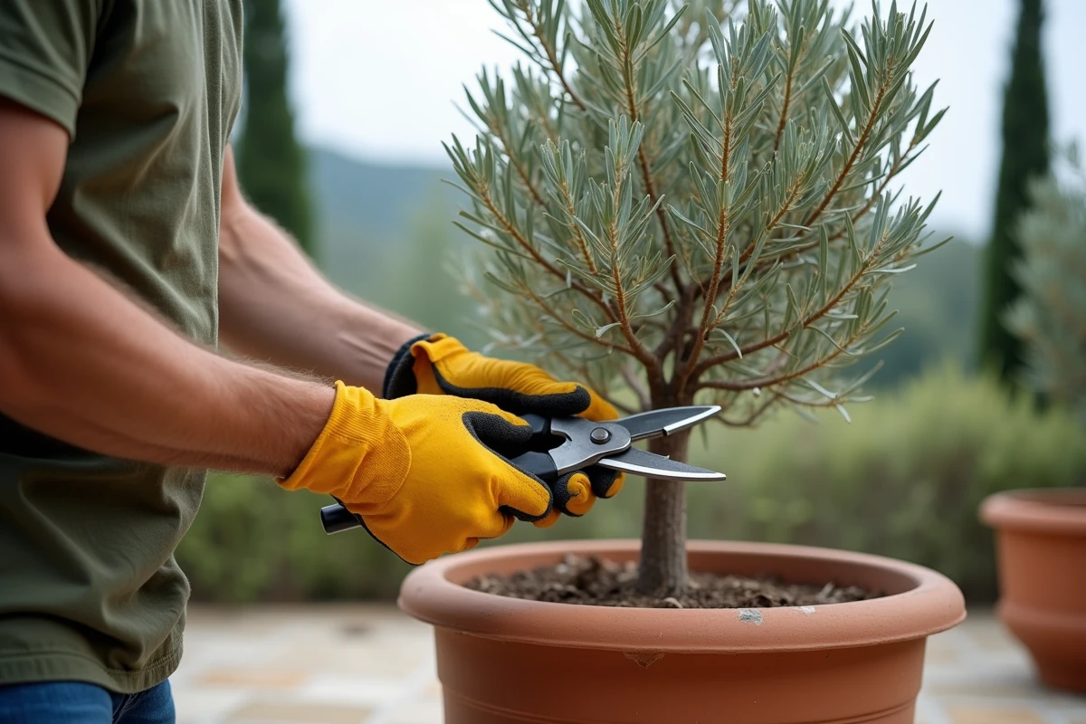 Gros plan de mains taillant un olivier en pot en forme de nuage avec un sécateur