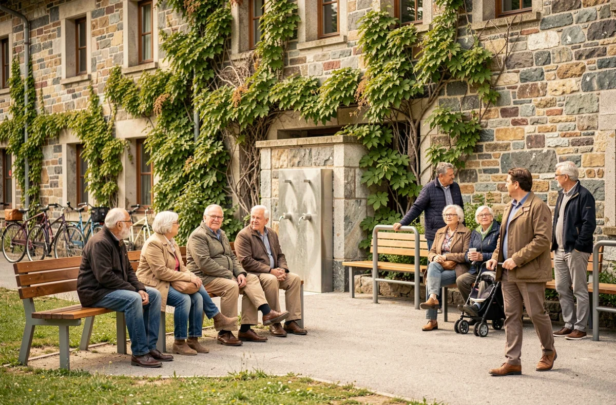 Habitants se promenant dans un parc rénové d'Annecy avec nouveau mobilier urbain en 2026
