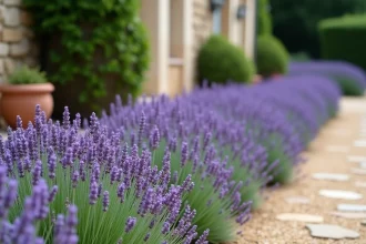 Haie basse de lavande bien taillée le long d'une allée de jardin en gravier, plantes espacées régulièrement pour un effet dense et fleuri