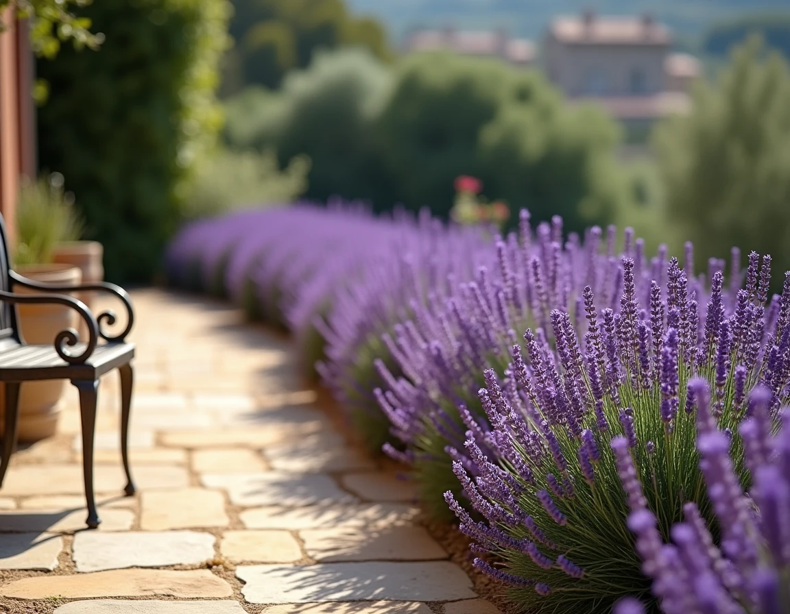 Haie de lavande en pleine floraison sur une terrasse provençale, effet visuel dense et harmonieux obtenu par un espacement maîtrisé entre les plants