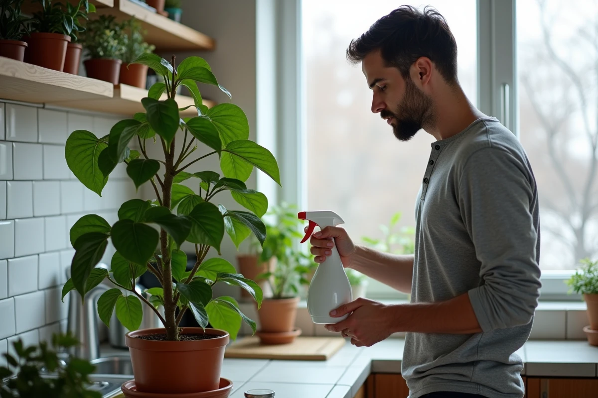 Homme vaporisant les feuilles d'un hibiscus en pot dans une cuisine en hiver, routine d'entretien facile