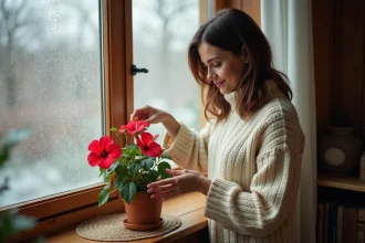 Femme soignant un hibiscus en pot aux fleurs rouges près d'une fenêtre givrée en hiver dans un salon chaleureux