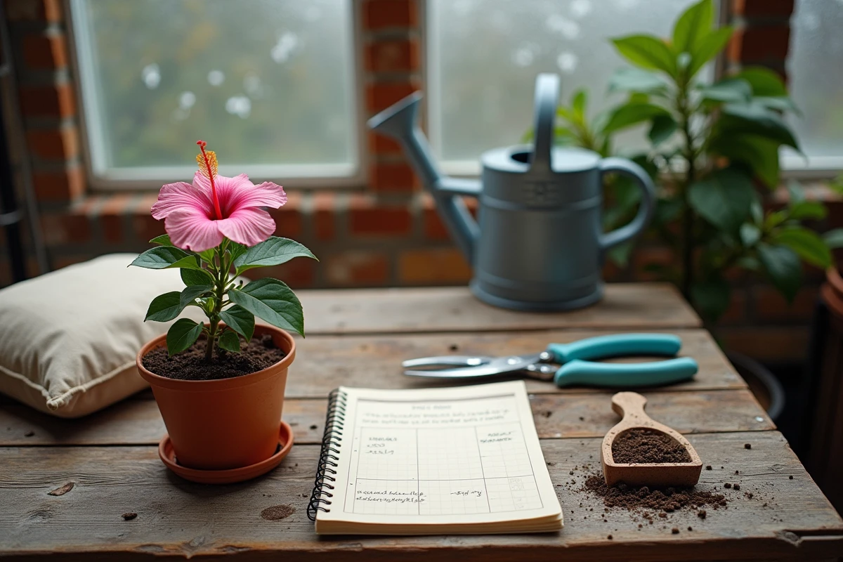 Vue de dessus des outils essentiels pour l'entretien d'un hibiscus en hiver : sécateur, arrosoir, terre et cahier de routine