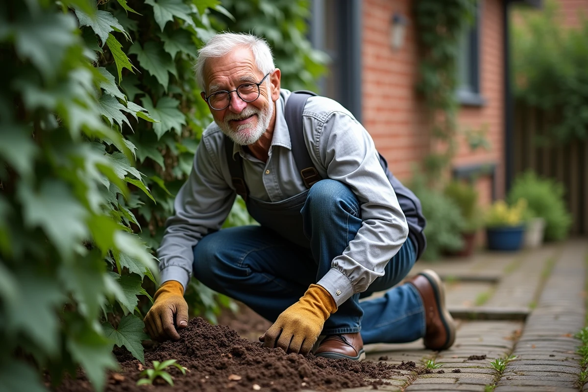 Homme âgé pratiquant la marcottage de la glycine dans le jardin
