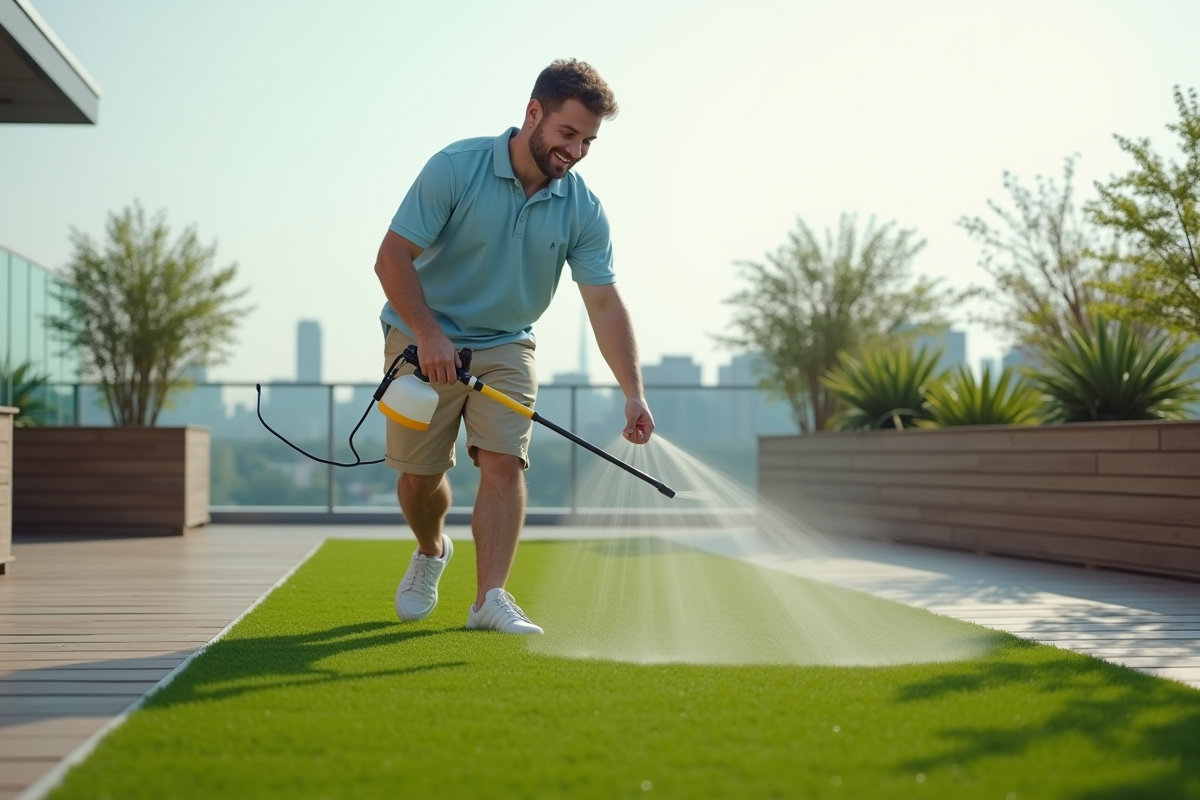 Jeune homme avec spray sur un gazon artificiel sur un toit urbain