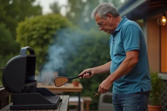 Homme d'âge moyen avec chasse-hornet près du barbecue