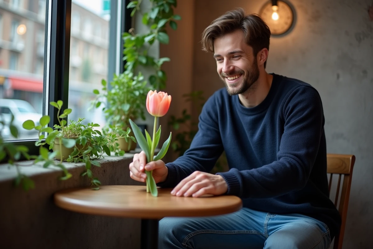 Homme souriant avec tulip dans un café intérieur