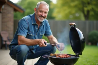 Homme d'âge moyen arrangeant des briquettes de barbecue dans le jardin