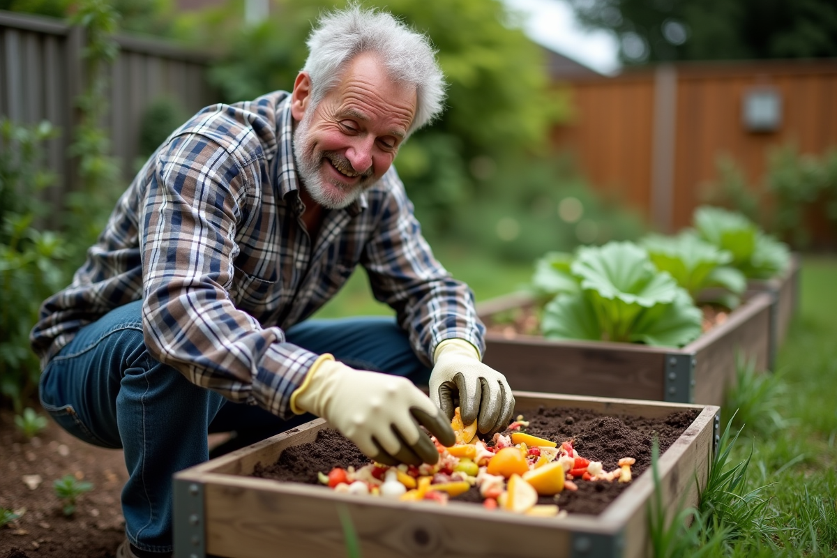 Homme âgé ajoutant des déchets de jardin dans un compost