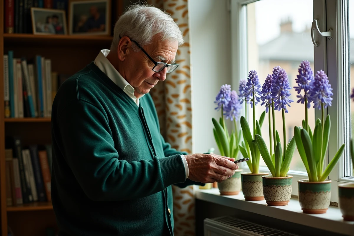 Homme âgé vérifiant des hyacinths dans un salon cosy