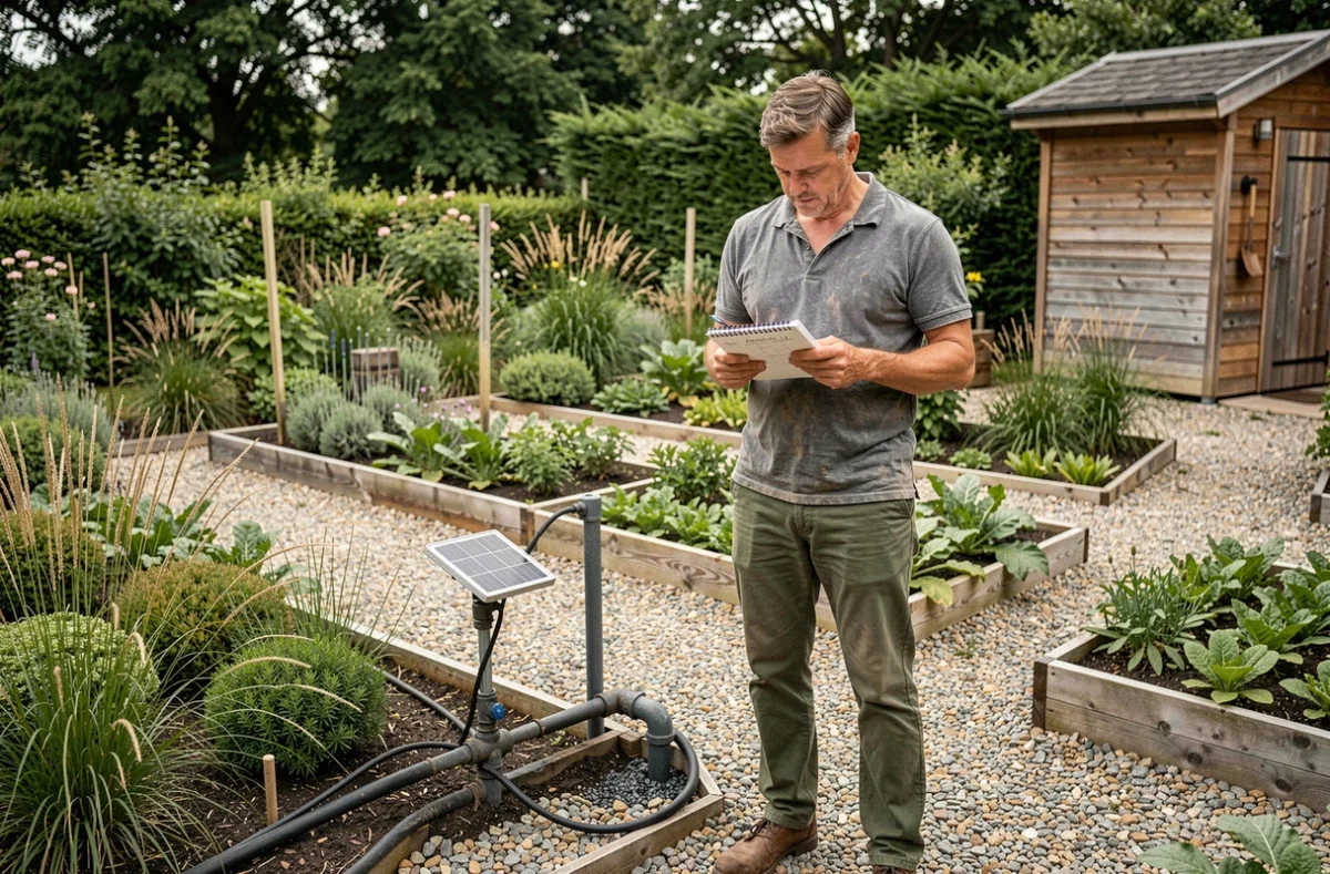 Homme planifiant l'installation d'un système d'irrigation goutte-à-goutte dans un jardin écologique avec budget prévisionnel noté