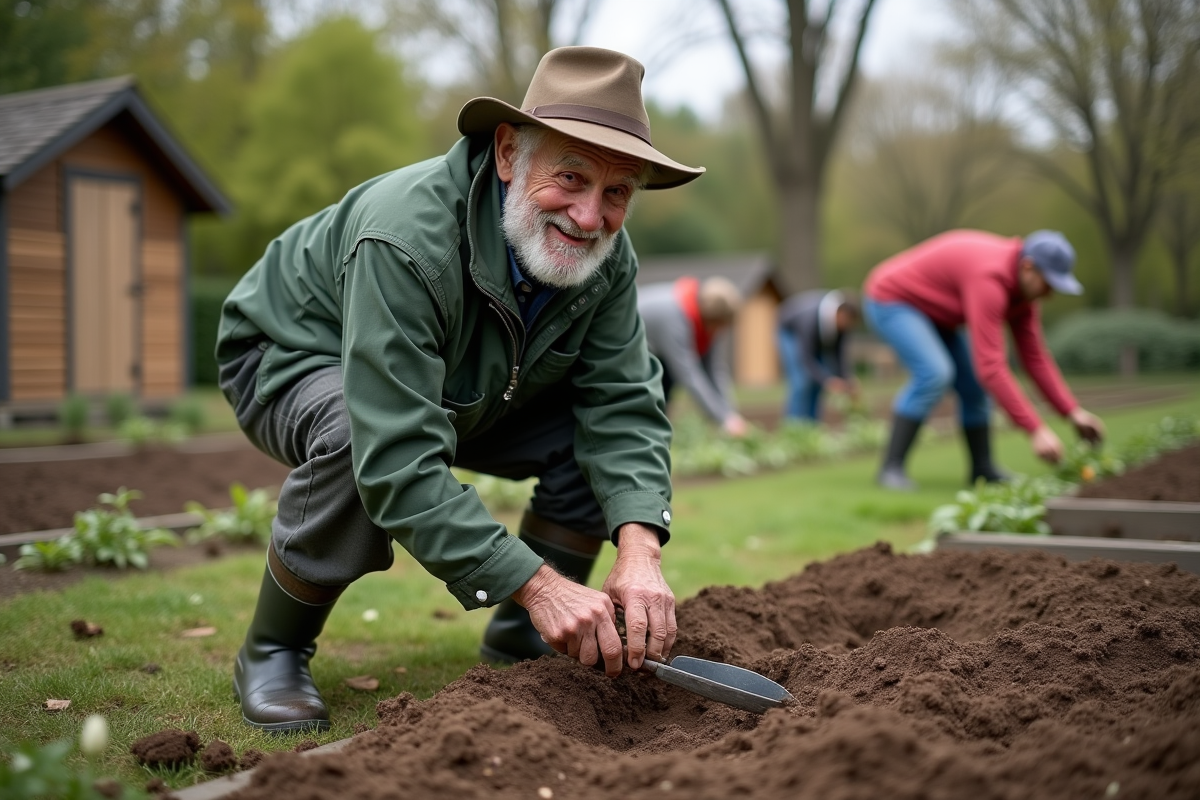 Homme âgé creusant dans un jardin communautaire