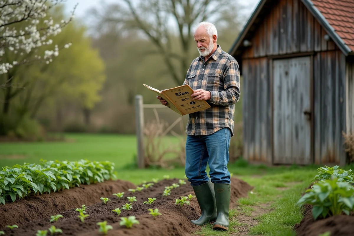 Homme âgé tenant un calendrier lunaire dans son jardin
