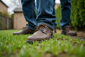 Homme d'âge moyen examine la pelouse en semis dans un jardin