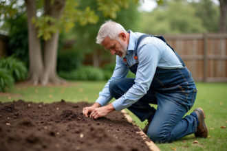 Homme en salopette testant la terre dans le jardin