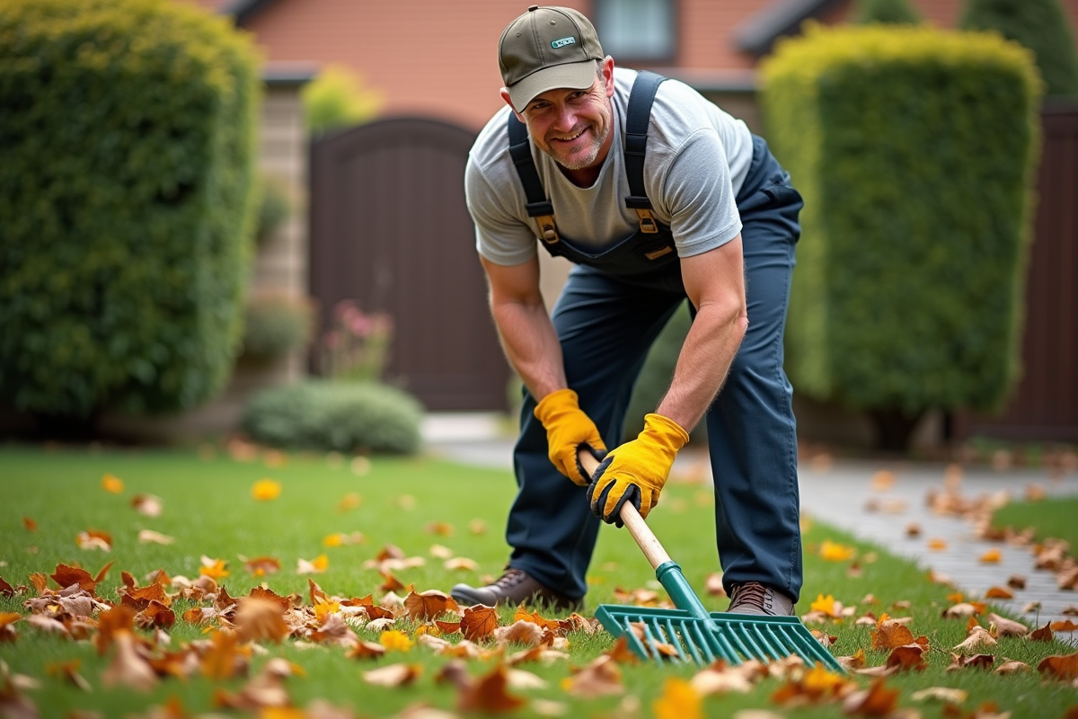 Homme en overalls ramassant des feuilles dans le jardin