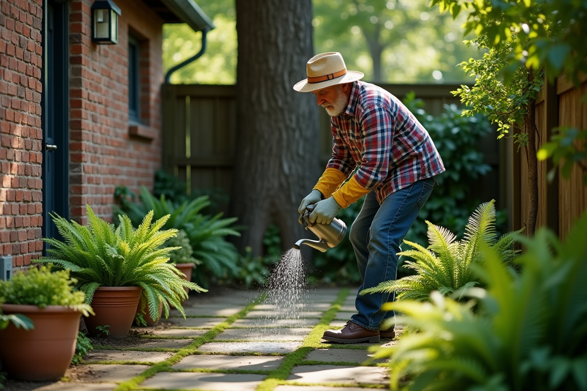 Homme âgé arrosant des fougères dans un jardin ombragé