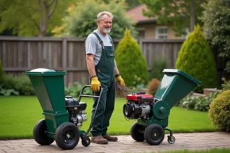 Homme en overalls compare deux broyeurs de jardin