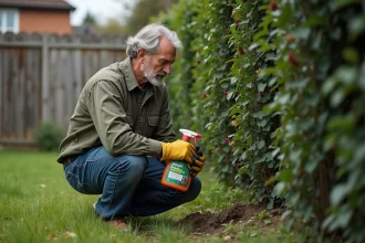 Homme lisant l'étiquette d'un débroussaillant interdit dans un jardin en friche, représentant les erreurs réglementaires à éviter