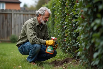 Homme lisant l'étiquette d'un débroussaillant interdit dans un jardin en friche, représentant les erreurs réglementaires à éviter