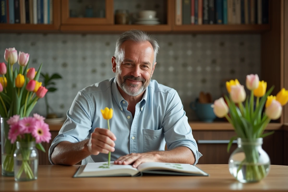 Homme lisant un guide de fleurs dans une cuisine chaleureuse
